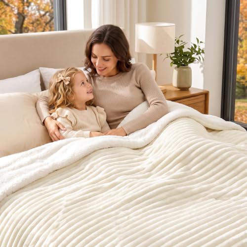 Image of BEDELITE Soft Sherpa Queen Blanket for Couch, Fluffy Gift, Cream, 90x90