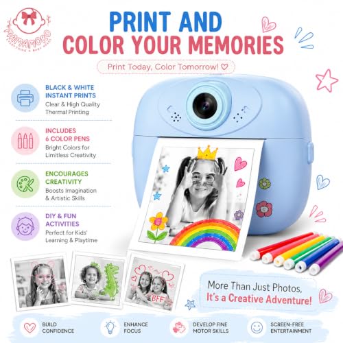 Image of Kids Thermal Print Camera | Instant Photo Printing Camera with 2 Paper Rolls, Color Pens & Rechargeable Battery | Fun Creative Gift for Boys & Girls (Multicolour)