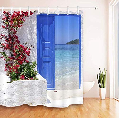 DJSK Bathroom Curtains with Shower Red Flower Greek Blue Door with Sea View on the Island Shower Curtain with Bath Mat Set Waterproof Fabric for Bath Decoration 180 x 180 cm