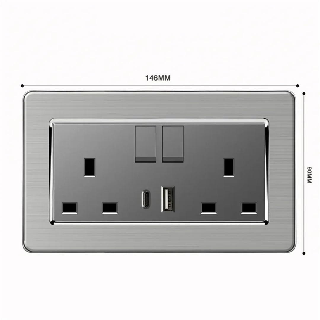 Presa Elettrica Da Parete 220 V In Acciaio Inossidabile 13A Grigio9 Presa USB C Da Parete A Ricarica Rapida Tipo C Intelligente RJ45CT5 110-250V#UK