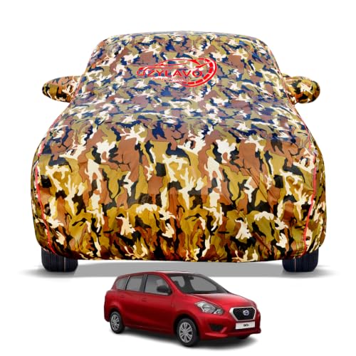 Image of Premium Car Cover for Renault's Dutsun Go Plus Model | Waterproof, UV & Dust Protection | Mirror & Antenna Pocket | Triple Stitched, Soft Inner Lining, Belt & Buckle (Jungle Print)