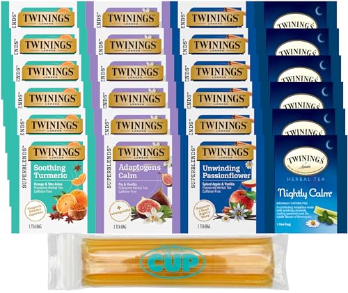 Twinings Relax and Unwind Herbal Tea Bag Sampler (Pack of 24) with By The Cup Honey Sticks