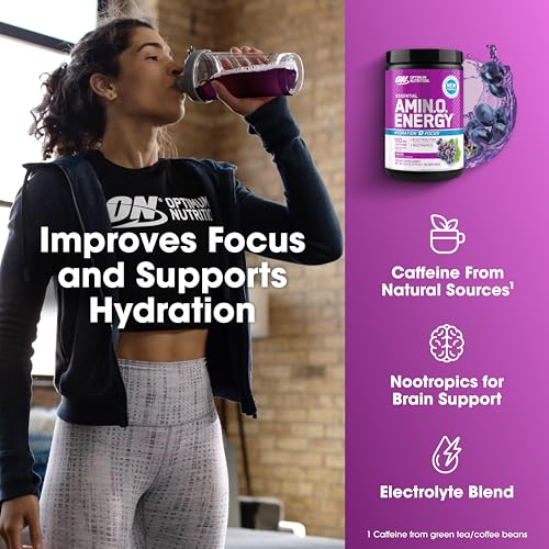 Image of Optimum Nutrition Amino Energy Powder Plus Focus, with BCAA, Electrolytes, and Caffeine, Grape, 30 Servings (Packaging May Vary)