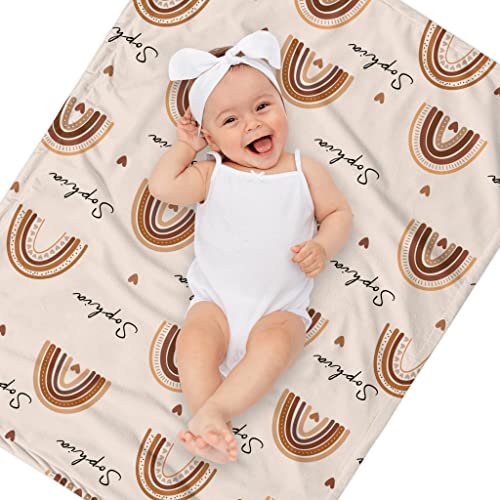 Image of Personalized Baby Blanket with Name, Custom Nursery Blankets with Boho Rainbow, Personalized Gifts for Newborn Infant Baby Girls, Easter Birthday Shower Gifts for Kids Girls