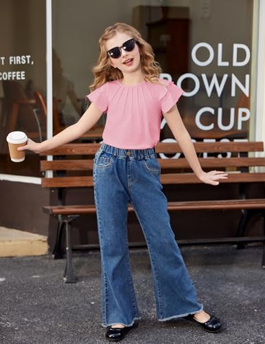 Image of Arshiner Girls T Shirts Ruffle Short Sleeve Summer Pleated Crewneck Casual Tops Tees Blouses