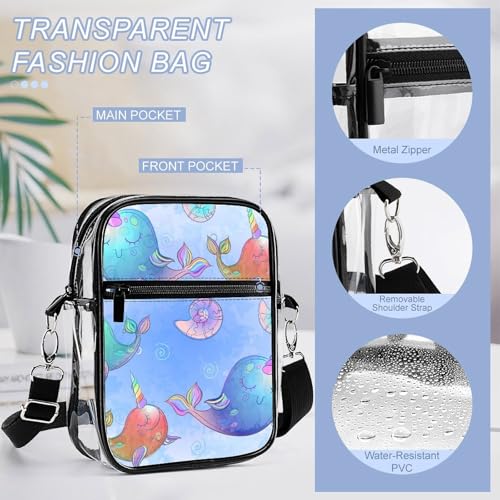 Watercolor Cute Unicorns Whales Clear Crossbody Bag Stadium Bag Adjustable Side Shoulder Bags Messenger Bag with 2 Compartments4