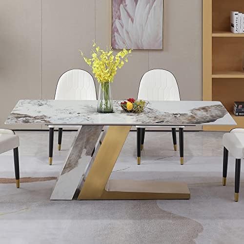 71” Marble Top Dining Table, Metal Frame Furniture Kitchen Table for 6, Sintered Stone Pandora Dinner Tabletop, Stainless Steel & Stone Slate Base Dinner Table for Dining Room (1 Pc Table(TL Shape))