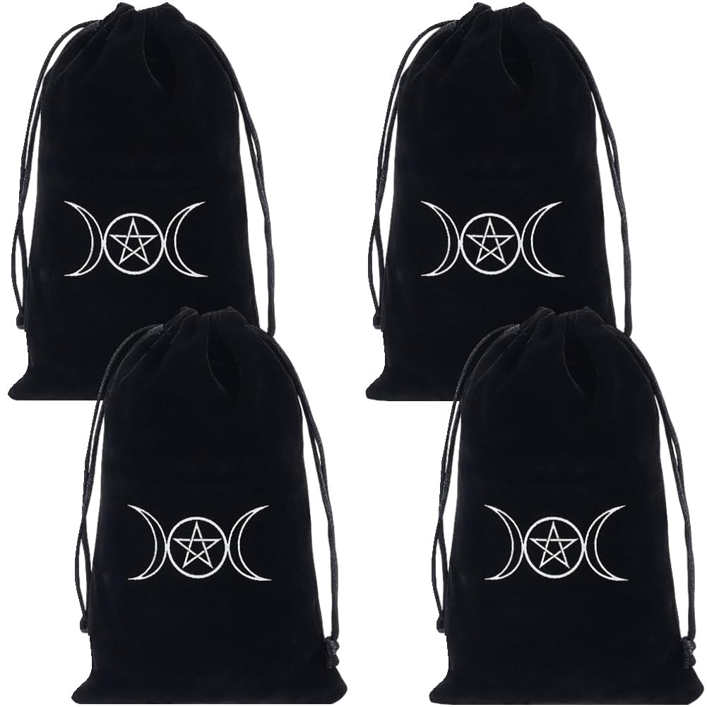CREATCABIN 4pcs Black Tarot Drawstring Bag Velvet Jewelry Pouches Package Drawstring Pouch Velvet Storage Bag Mixed Gift Fabric Cloth Bag For Halloween Easter Christmas Thanksgiving Party