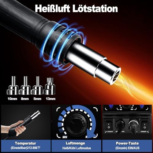 Bild 3 - Yofuly 750W Lötstation, 2 in 1 Heißluft Lötstation Lötkolben Set 8786D SMD Entlötstation & Lötstationen 392°F -896°F Einstellbare Temperatur LED Digital Anzeige 5 Zusätzliche Lötspitzen (EU)