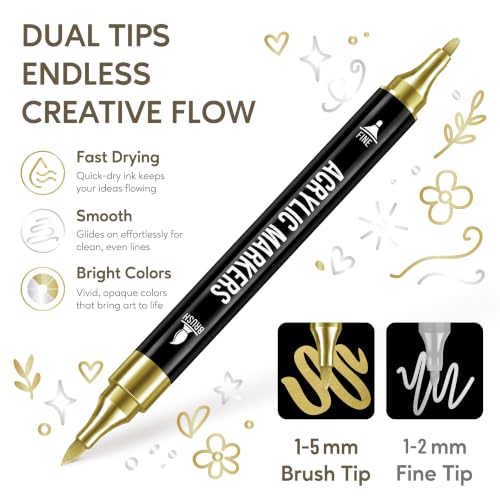 Image of Pagather Gold and Silver Acrylic Paint Markers, Dual Tip with Fine Tip and Brush Tip Pens for Fabric, Stone, Wood, Canvas, Ceramic, Metal, Glass, Rock Painting, DIY Crafts