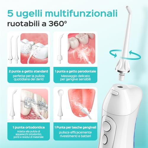 Coslus Idropulsore Dentale Portatile Senza Fili, 300 Ml Irrigatore Idropulsore Ricaricabile Impermeabile IPX7 Foppio Flusso Water Orale Flosser Pulizia Denti Ideale Per Viaggi A Casa - 4