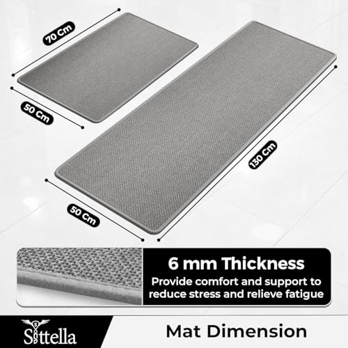Image of SITTELLA Kitchen Mats for Floor (Set of 2) | Premium Jute Kitchen Carpet with Anti-Slip Back | Absorbent & Easy Clean | Grey | 130x50 cm & 70x50 cm