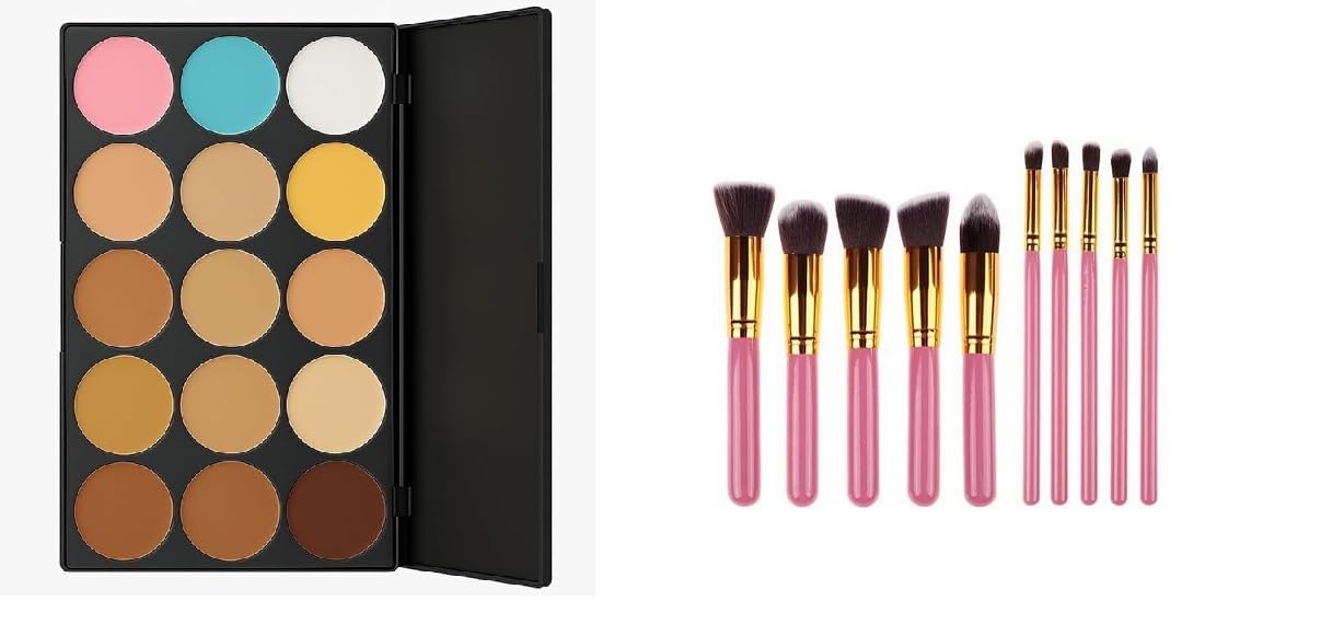 ClubBeauty Professional 15-Color Contour Eyeshadow Palette with 10 Pink and Gold Brushes set-image-45
