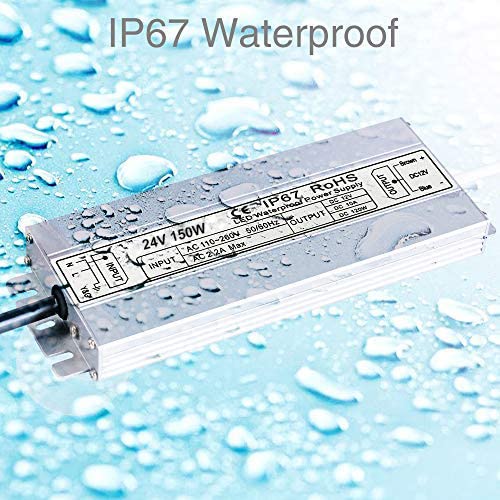 24V 150W LED Driver,Waterproof IP67 LED Power Supply Low Voltage Transformer Adapter,100V-260V AC to 24V DC Output for Any 24VDC LED Lighting