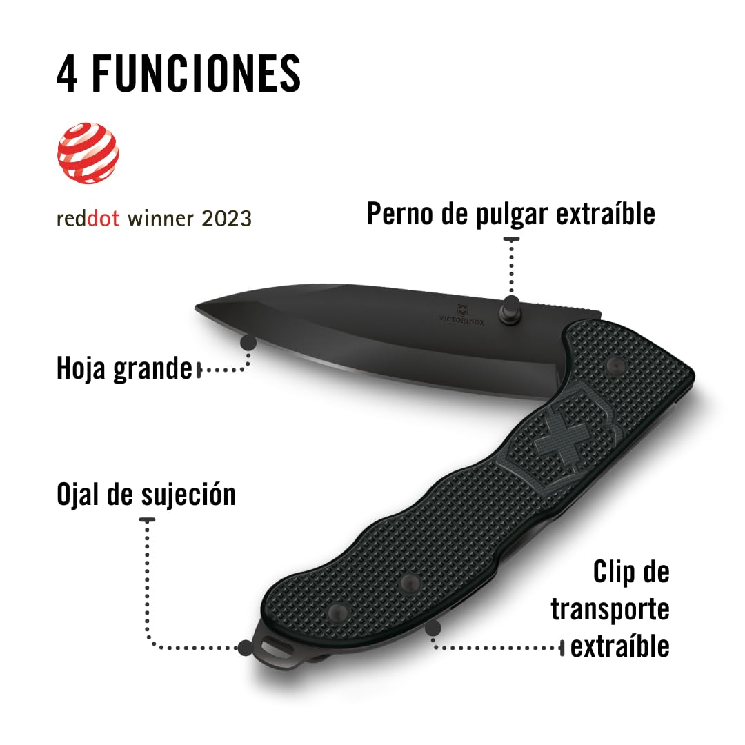 Victorinox Navaja suiza de bolsillo Hunter Evoke Alox, navaja plegable outdoor, 4 funciones, incl. hoja de 10 cm y perno de pulgar extraíble, negro