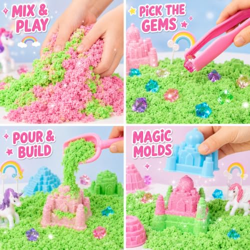 Image of Carolart Unicorn Sensory Bin, Sand Box Kit with Sensory Sand for Girls | Unicorn sand kit , Sensory kit with castle molds and storage bin for creative play, girls gifts for toddlers ages 3+