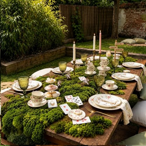 70 x 12.6 Wonderland Tea Party Decoration Fake Halloween Moss Decor Enchanted Artificial Forest Table Runner Tea Party Fairy Decor for Garden Halloween Holiday Wedding Dinner Birthday