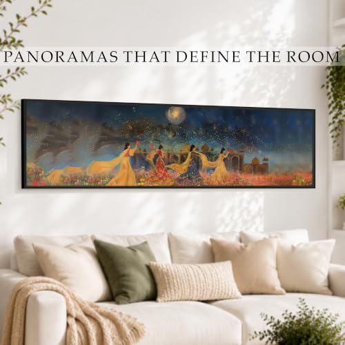 Image of PAINTINGMANTRA Moonlight Night Mughal Wall Painting, Indian Traditional Wall Art Paintingfor Living Room, Home and Office Wall Decoration (13x47 Inch)