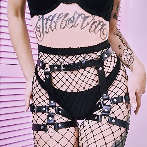 Damen Punk Leder Körperkette Sexy Einstellbare Taillenkette Schwarz Bein Strumpfband Gürtel Gothic Schelling Kette Körperzubehör für Frauen