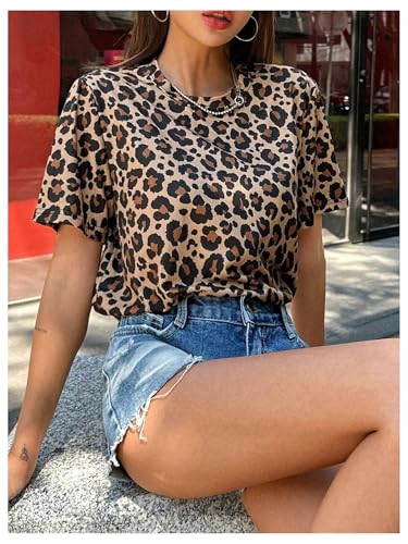 Women's Cheetah Print Top Round Neck Leopard Print Tops Short Sleeve Loose Y2k Summer T Shirt4