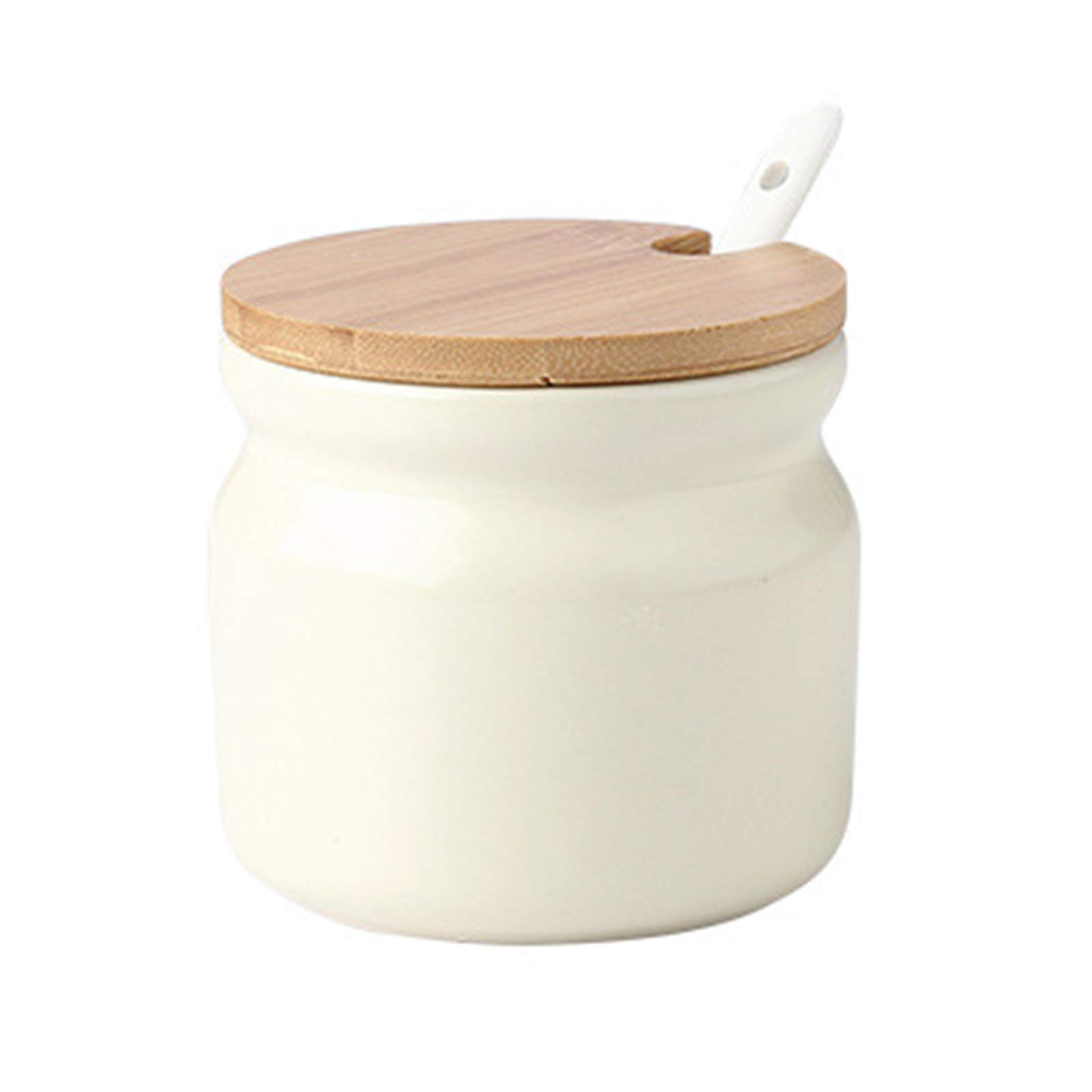 OnePine 300ml Sugar Bowl Ceramic Spice Jar seasoning container salt jar with Bamboo Lid and Ceramic Spoon for Kitchen