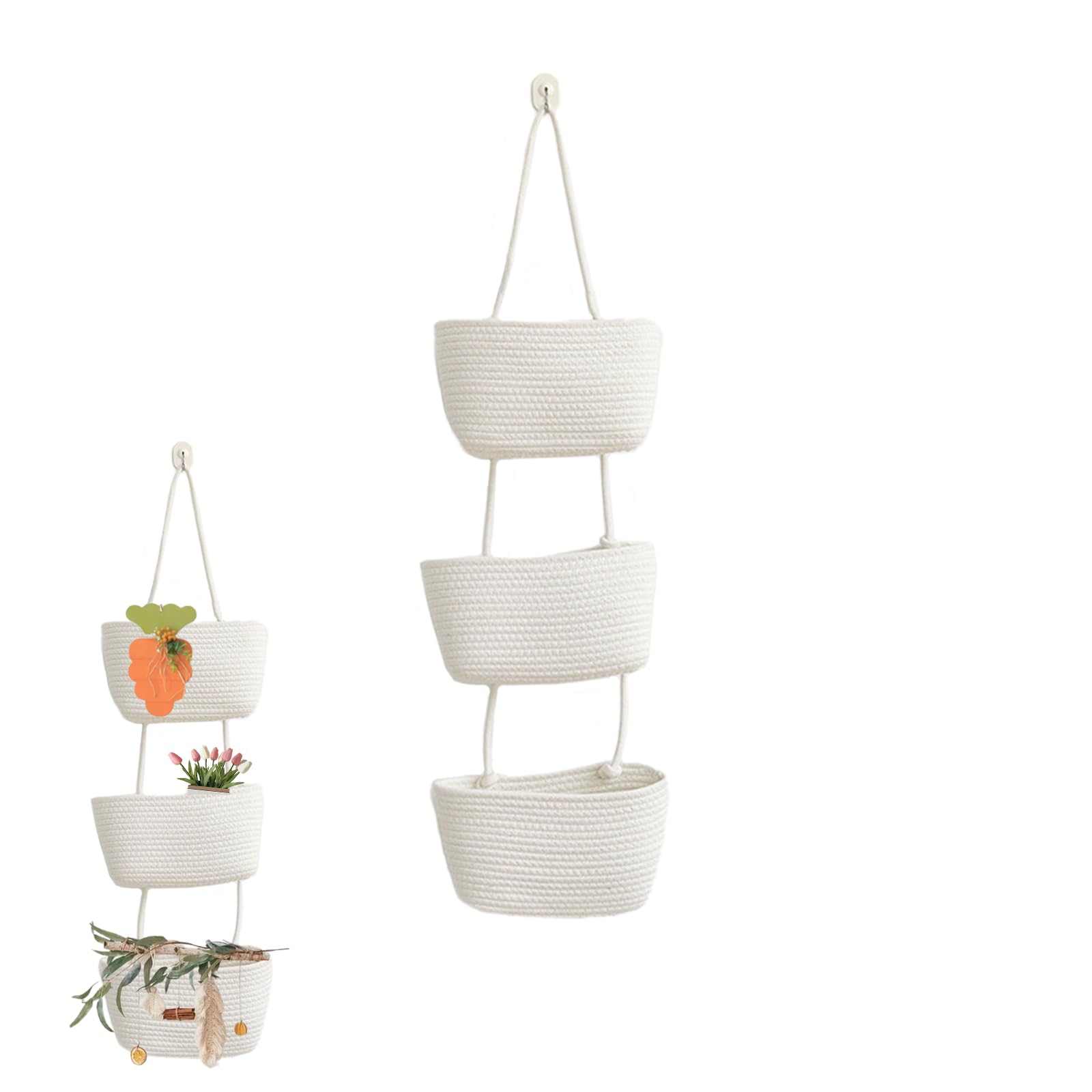 Dyuee White 3-Tier Over The Door Hanging Basket Cotton Rope Woven Storage Basket Wall Mount Hanging Storage Organiser Bag With Hook, For Livingroom Kitchen Bedroom Decorative Hanging Basket (White)