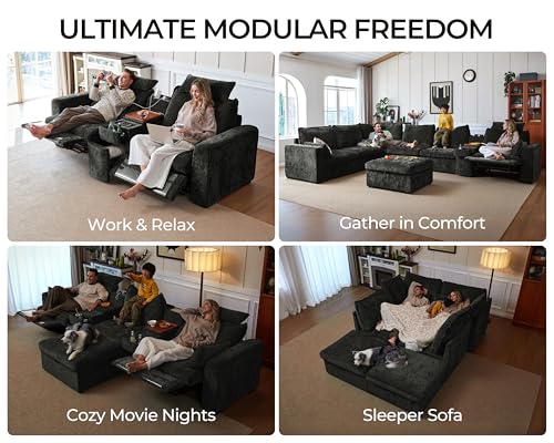 Image of Oversized Modular Sectional Sofa with Power Recliner, Plush Cloud Couch with Headrest, Convertible Deep L-Shaped 6 Seater with Corner and Storage Ottoman, Chenille, Black