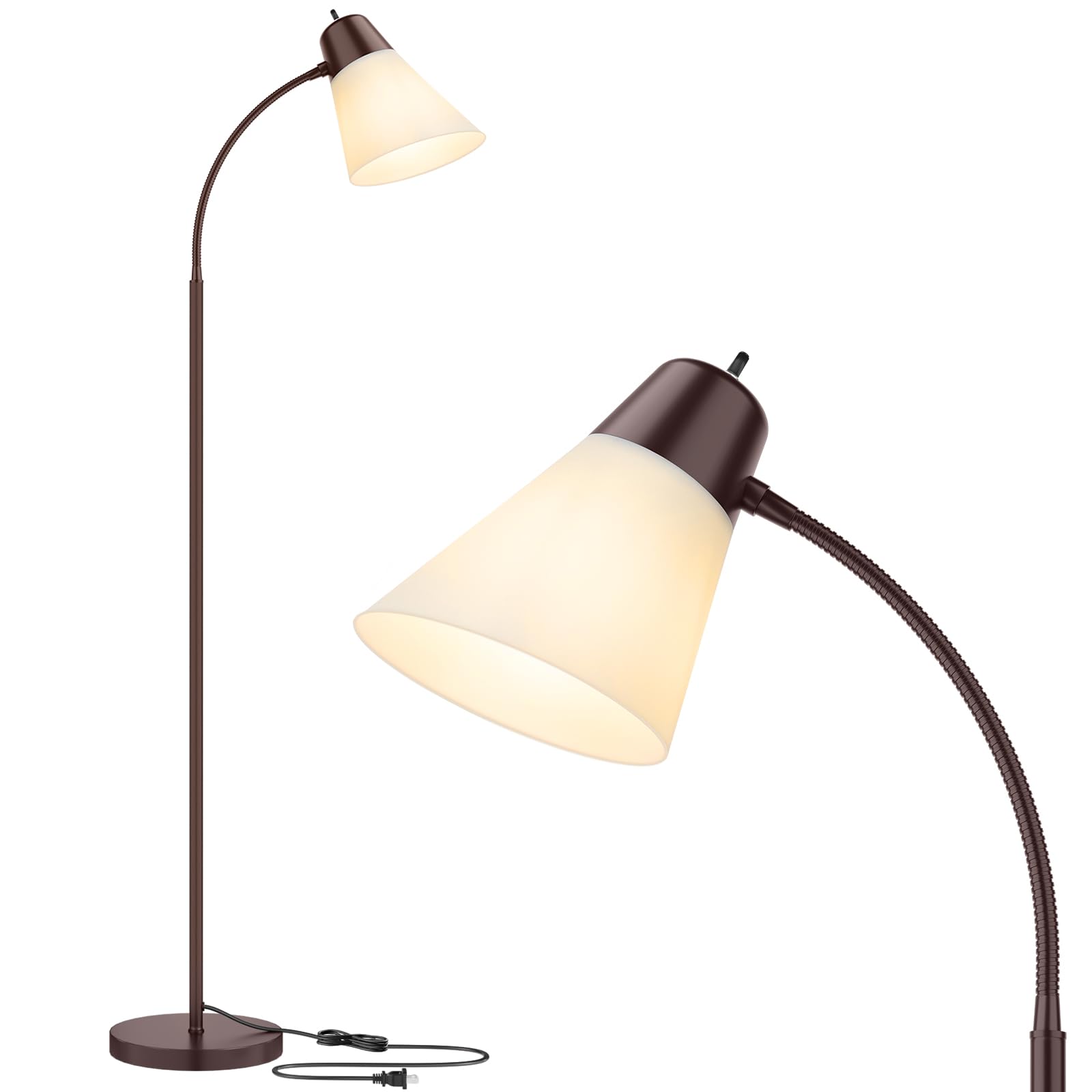 Coucrek Floor Lamp for Living Room, Adjustable Standing Room Lamp with White Plastic Shade, Brown Reading Floor Lamps for Dorm, Bulb not Included