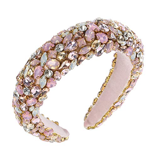 AWAYTR Velvet Padded Pearl Embellished Headband Large Padded Velvet Races Goth Wedding Headpiece for Women (Pink + water drop diamond)