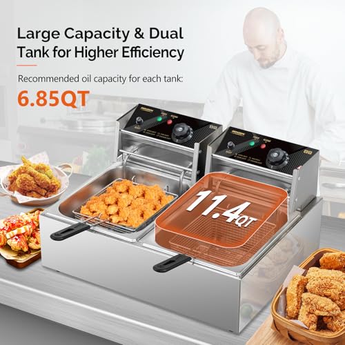 ROVSUN 22.8QT Commercial Deep Fryer with Baskets & Lids, 21.8L Stainless Steel Electric Double Fryer, Countertop Kitchen Frying Machine w/Temperature Control, French Fries Donuts 3400W