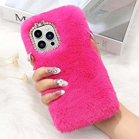 LLZ.COQUE for iPhone 13 Pro Max Case Cute Phone Case Girls Furry Faux Fur Case Soft Fluffy Shockproof Bumper with Crystal Bowknot Diamond Cover for iPhone 13 Pro Max, Rose red Cover