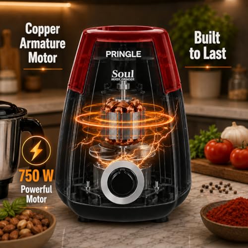 Image of Pringle Soul Maxx 750W Mixer Grinder 4 Jar | 5 Yr Warranty | 60 Min Non Stop Running | 3 SS Jars (Liquidizing, Wet & Dry Grind, Chutney Jar) 1 Juicer Jar | Copper Motor | SS Blades | Red