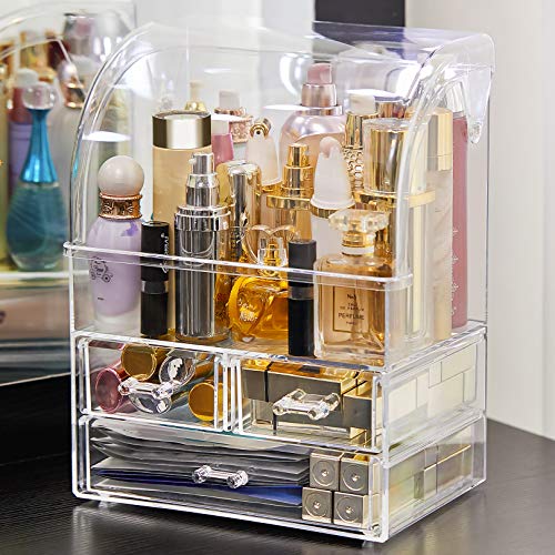 Large Capacity Cosmetic Makeup Organizer Anti-Dust Waterproof Cosmetics Storage Display Case Make Up Storage Stand with 3 Drawers Portable For Brushes Lipsticks Jewelry