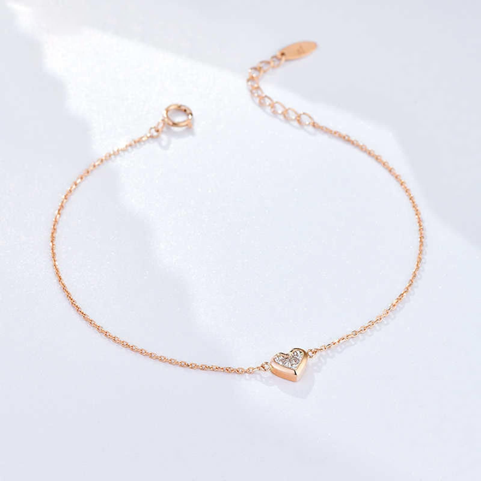 Pulseras de Mujer de Oro Rosa 9K / 14K / 18K, Corazón con Diamante, Cadena Extensible 16 CM + 5 CM, Pulseras de Mujer Ajustable Oro Rosa