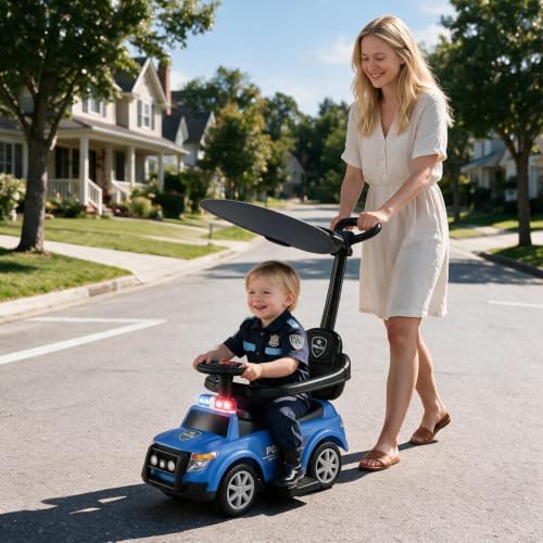 OLAKIDS 4 in 1 Push Car for Toddlers, Kids Ride on Toys Outdoor with Handle, Adjustable Canopy, Headlights, Siren, Music, Horn, Storage for Boys Girls 1-3, Blue — 사진 3