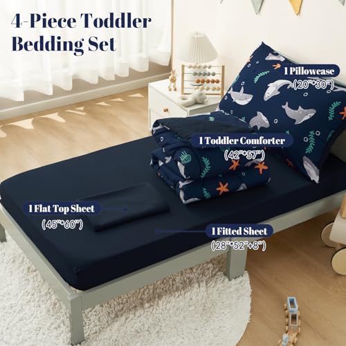 Image of PHF 4 Piece Toddler Bedding Set, Ultra Soft Toddler Comforter Sets Include Comforter, Fitted Sheet, Flat Top Sheet and Pillowcase for Boys Girls, Bed in A Bag for Toddler Bedroom, Shark