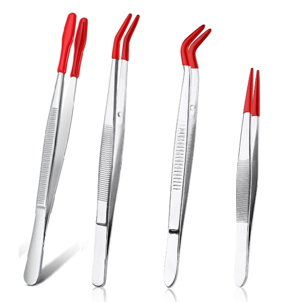 Ximie Red 4Pieces Tweezers With Rubber Tips Tweezers Pvc Coated Tweezers Set, Rubber Straight/Flat Tip Tweezer Bent Tweezers