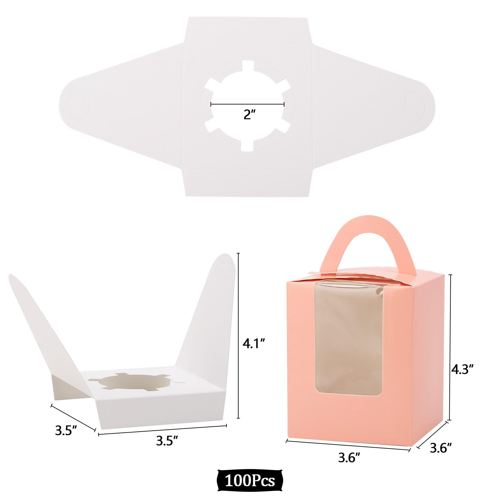 100 cajas de magdalenas rosadas individuales con asa de ventana e insertos para panadería envoltura fiesta regalo embalaje
