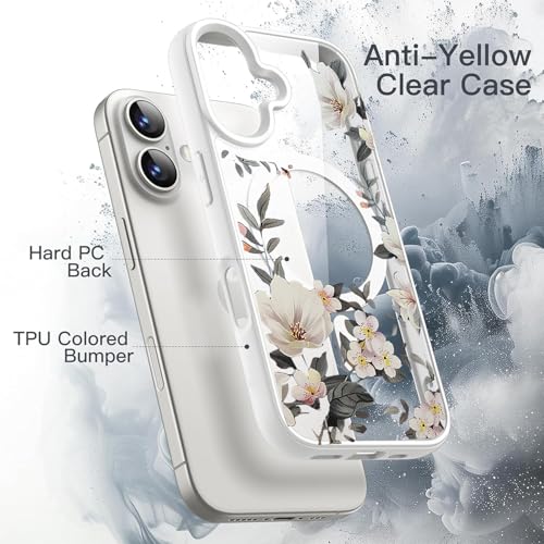 Image of VONZEE Back Cover Case Compatible with iPhone 17, Luxury Retro Flowers Floral Clear for Magnetic Wireless Charging Case Shockproof PC+TPU Cute Glossy Shiny Cover for Girls Women, 6.3'' White