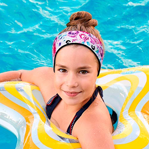 Will & Fox Swimming Headband with Earplugs for Kids Helps Prevent Swimmers Ear | Non-Slip Grip | Adjustable Ear Band | Fits Kids 3 to 18 Months | Floral, Small