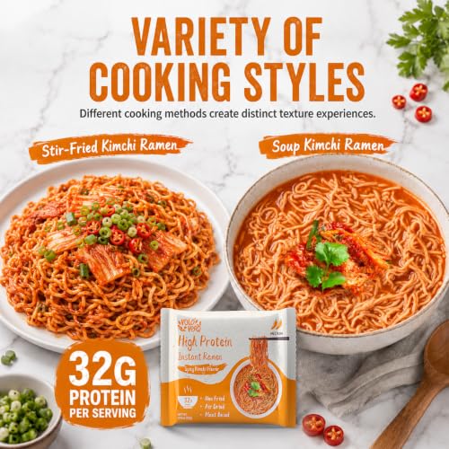 Image of VOLO VERO High Protein (32g) Instant Ramen Noodles Soup, Spicy Kimchi Flavor, 8 Packs, Vegan, Plant-Based, Non-Fried, Low Fat, Egg-Free, Dairy-Free, Healthy Asian Meal