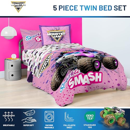 Image of Monster Jam Twin Comforter Set 5 Piece Kids Bedding for Girls, Pink | Sparkle Smash, Bed in a Bag, Comforter Sheets Sham Pillowcase, Soft Microfiber, Machine Washable, Girls Gift