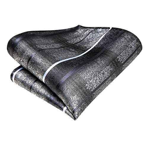 Image of Dubulle Men Black Grey Silver Tie and Pocket Square Set Silk Striped Necktie Handkerchief Cufflinks 3PCS Set Wedding Business