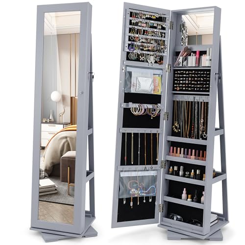 RELAX4LIFE Armoire a Bijoux Pivotante à 360º, Miroir sur Pied avec Rangement Bijoux Verrouillable, Anti-Rayures avec Doublure, 3 Étagères Arrières, pour...