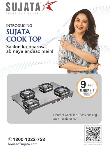 Image of Sujata Regal Manual Gas Stove 4 Burners Glass Top | 9 Years Warranty | Gas Stove with Jumbo Brass Burners | SABAF Technology | ISI Certified | LPG & PNG Compatible | 360 Rotating Brass Nozzle (Black)