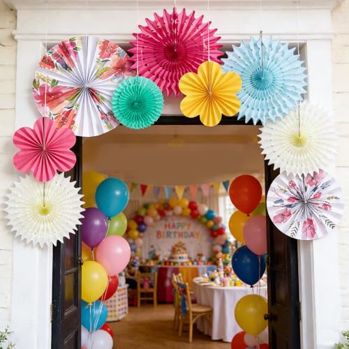 Image of SUNBEAUTY Paper Flowers Decorations for Wall Tea Party Decoration Paper Fans Classroom Decoration Paper Floral Backdrop Decor for Valentines Day Mother's Day and Wedding, Set of 9