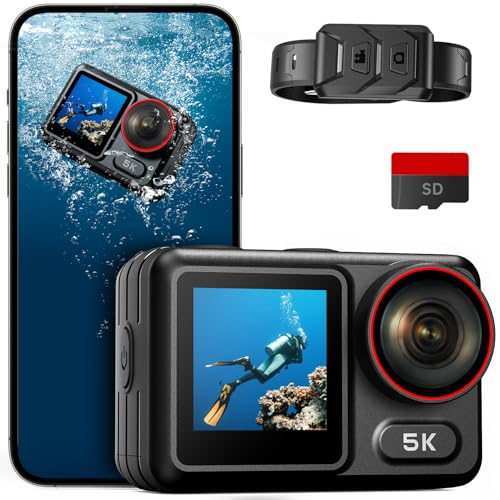 ODDV 5K30FPS Waterproof Action Camera with 64GB Card, IPX7 & 34FT Underwater Cameras, EIS 2.0 Stabilization, 2.4' Touch Screen, 2x1350mAh Batteries for Diving, Cycling, Outdoor Sports