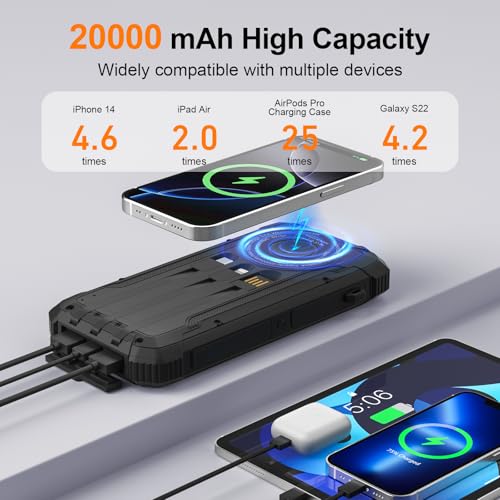 Solar Power Bank 20000mAh Wireless Portable Charger Built-in 3 Cables 15W USB-C Fast Charging Battery Pack Compatible with iPhone, Samsung, iPad, Emergency LED Flashlights Perfect for Camping, Hiking - Image 5