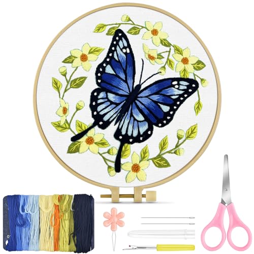 Image of TINDTOP Embroidery Kit for Beginners Adult, Butterfly Embroidery Kit | Include Embroidery Cloth Hoops Threads for Craft Lover Hand Stitch with Embroidery Skill Techniques