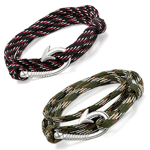 Aron Cent 2pcs Hombre Mujer Pulsera, plata Angel Anzuelo de ancla Charms, multicolor nylon cuerda trenzado brazo Maduro envolver pulsera en rojo verde